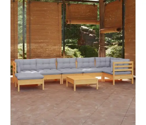 8-Daļīgs Dārza Mēbeļu Komplekts Ar Pelēkiem Matračiem, Priede Vidaxl