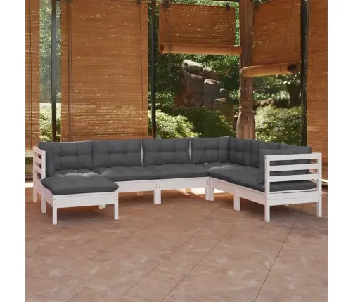 7-Daļīgs Dārza Mēbeļu Komplekts Ar Matračiem, Balta Priede Vidaxl