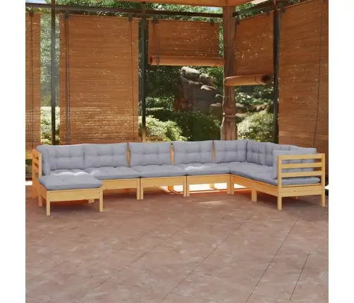 8-Daļīgs Dārza Mēbeļu Komplekts Ar Pelēkiem Matračiem, Priede Vidaxl