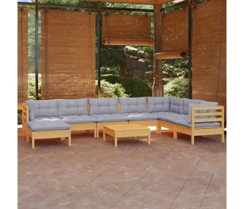 9-Daļīgs Dārza Mēbeļu Komplekts Ar Pelēkiem Matračiem, Priede Vidaxl