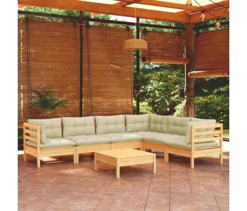 7-Daļīgs Dārza Mēbeļu Komplekts Ar Krēmkrāsas Matračiem, Priede Vidaxl