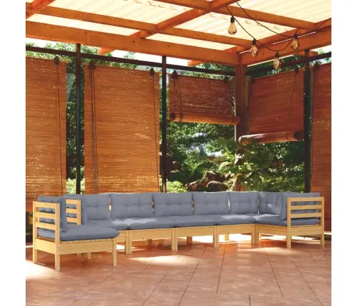 8-Osaline Aiamööblikomplekt Hallide Patjadega, Toekas Männipuit