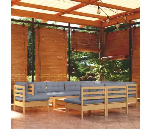 10-Daļīgs Dārza Mēbeļu Komplekts Ar Pelēkiem Matračiem, Priede Vidaxl