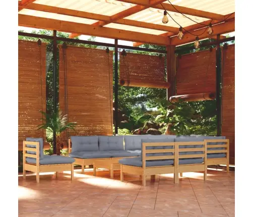 11-Daļīgs Dārza Mēbeļu Komplekts Ar Pelēkiem Matračiem, Priede Vidaxl