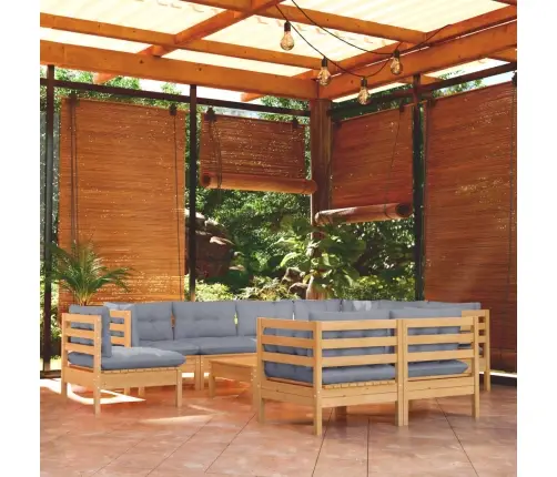 10-Daļīgs Dārza Mēbeļu Komplekts Ar Pelēkiem Matračiem, Priede Vidaxl