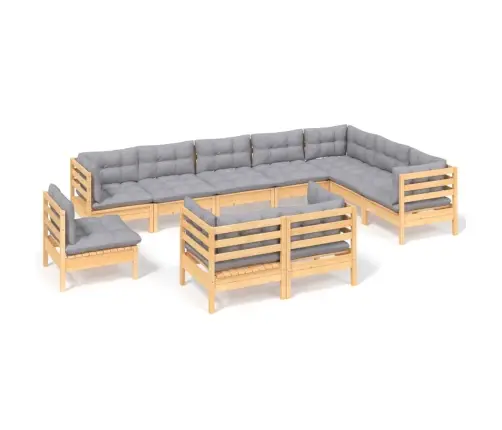 10-Daļīgs Dārza Mēbeļu Komplekts Ar Pelēkiem Matračiem, Priede Vidaxl