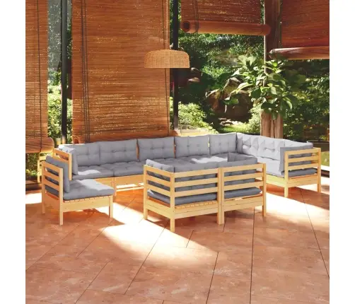 10-Daļīgs Dārza Mēbeļu Komplekts Ar Pelēkiem Matračiem, Priede Vidaxl