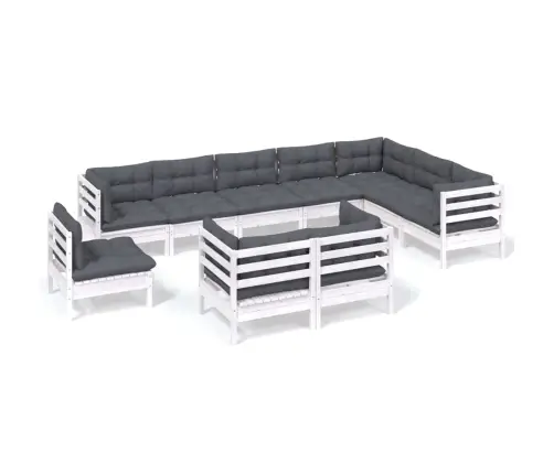 10-Daļīgs Dārza Mēbeļu Komplekts Ar Matračiem, Balta Priede Vidaxl