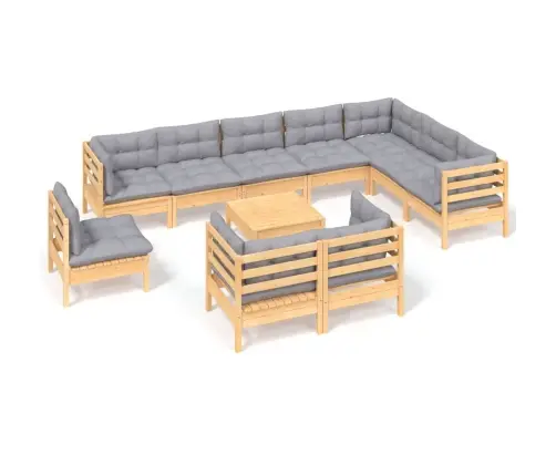 11-Daļīgs Dārza Mēbeļu Komplekts Ar Pelēkiem Matračiem, Priede Vidaxl