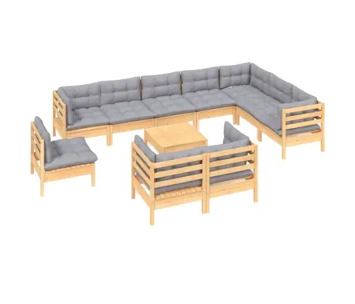 11-Daļīgs Dārza Mēbeļu Komplekts Ar Pelēkiem Matračiem, Priede Vidaxl