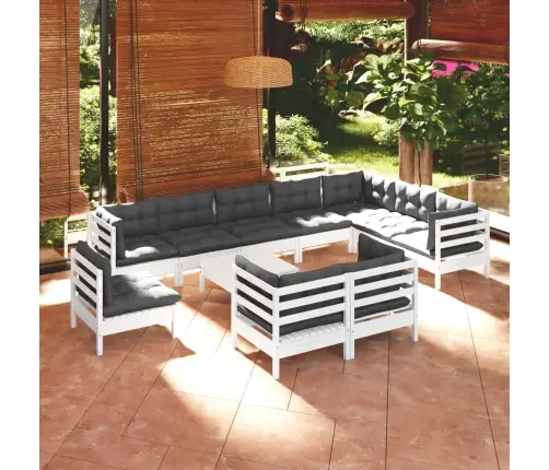 11-Daļīgs Dārza Mēbeļu Komplekts Ar Matračiem, Balta Priede Vidaxl