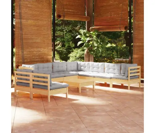 10-Daļīgs Dārza Mēbeļu Komplekts Ar Pelēkiem Matračiem, Priede Vidaxl