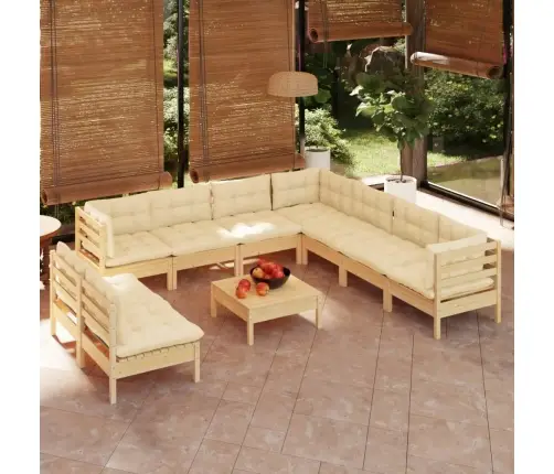 10-Daļīgs Dārza Mēbeļu Komplekts Ar Krēmkrāsas Matračiem, Koks Vidaxl