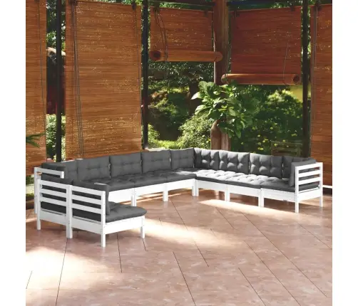 10-Daļīgs Dārza Mēbeļu Komplekts Ar Matračiem, Balta Priede Vidaxl