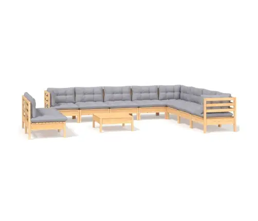 11-Osaline Aiamööblikomplekt Hallide Patjadega, Toekas Männipuit