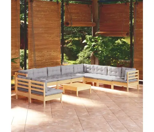 11-Osaline Aiamööblikomplekt Hallide Patjadega, Toekas Männipuit