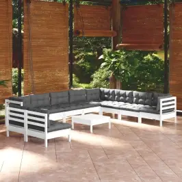 11-Daļīgs Dārza Mēbeļu Komplekts Ar Matračiem, Balta Priede Vidaxl