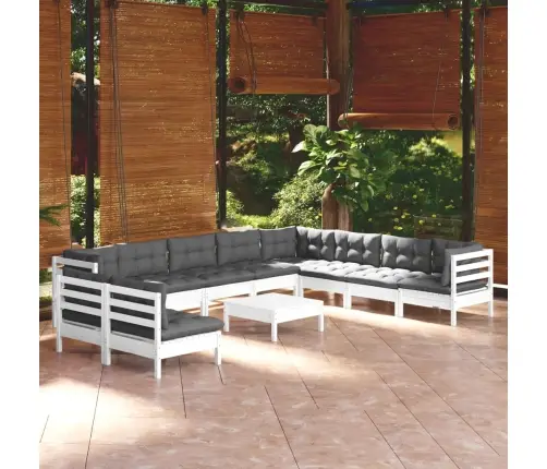 11-Daļīgs Dārza Mēbeļu Komplekts Ar Matračiem, Balta Priede Vidaxl