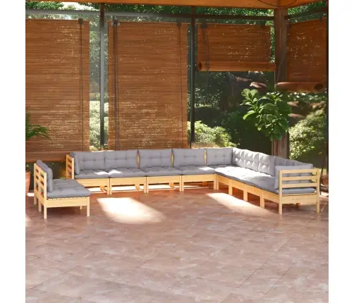 11-Osaline Aiamööblikomplekt Hallide Patjadega, Toekas Männipuit