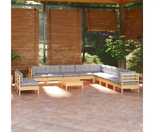 12-Osaline Aiamööblikomplekt Hallide Patjadega Toekas Männipuit