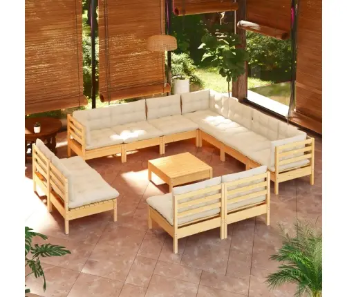 12-Daļīgs Dārza Mēbeļu Komplekts Ar Krēmkrāsas Matračiem, Koks Vidaxl