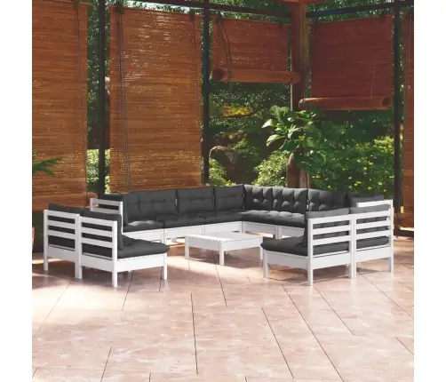 12-Daļīgs Dārza Mēbeļu Komplekts Ar Matračiem, Balta Priede Vidaxl