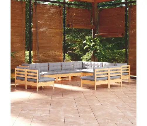 12-Daļīgs Dārza Mēbeļu Komplekts Ar Pelēkiem Matračiem, Priede Vidaxl