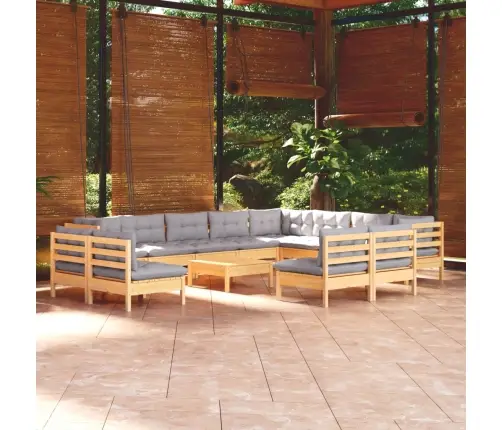 13-Daļīgs Dārza Mēbeļu Komplekts Ar Pelēkiem Matračiem, Priede Vidaxl