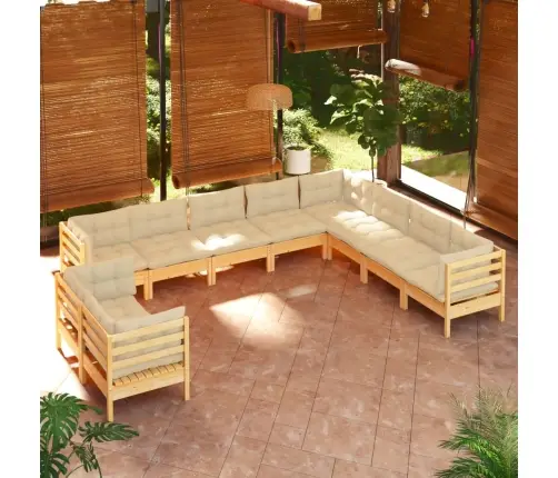 10-Daļīgs Dārza Mēbeļu Komplekts Ar Krēmkrāsas Matračiem, Koks Vidaxl