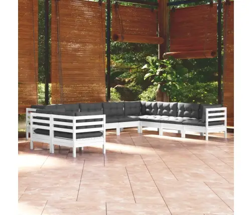 10-Daļīgs Dārza Mēbeļu Komplekts Ar Matračiem, Balta Priede Vidaxl