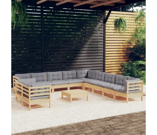 12-Daļīgs Dārza Mēbeļu Komplekts Ar Pelēkiem Matračiem, Priede Vidaxl