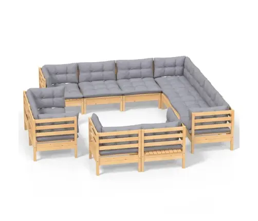 11-Daļīgs Dārza Mēbeļu Komplekts Ar Pelēkiem Matračiem, Priede Vidaxl