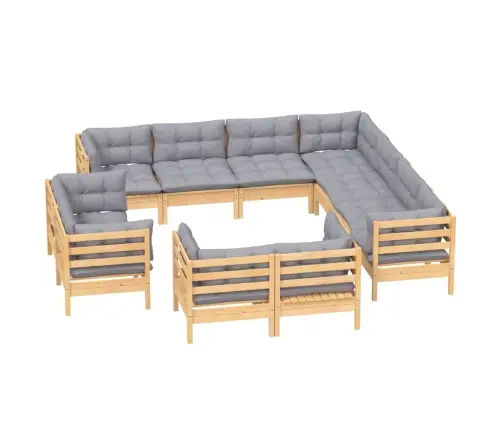 11-Daļīgs Dārza Mēbeļu Komplekts Ar Pelēkiem Matračiem, Priede Vidaxl