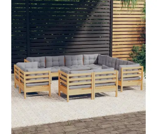 11-Daļīgs Dārza Mēbeļu Komplekts Ar Pelēkiem Matračiem, Priede Vidaxl