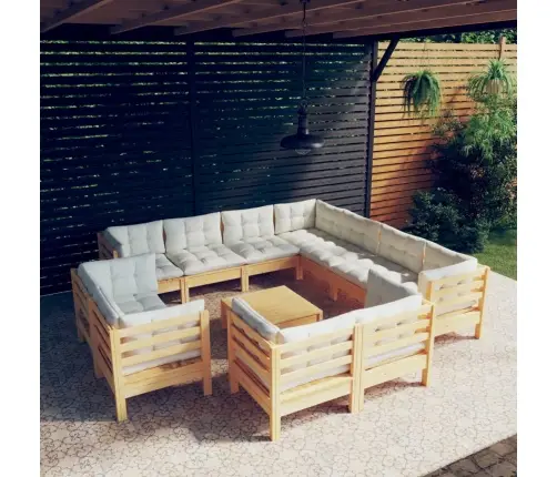 12-Daļīgs Dārza Mēbeļu Komplekts Ar Krēmkrāsas Matračiem, Koks Vidaxl