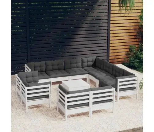 12-Daļīgs Dārza Mēbeļu Komplekts Ar Matračiem, Balta Priede Vidaxl