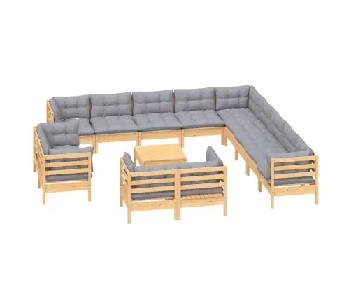 14-Daļīgs Dārza Mēbeļu Komplekts Ar Pelēkiem Matračiem, Priede Vidaxl