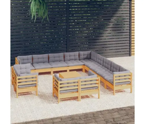 14-Daļīgs Dārza Mēbeļu Komplekts Ar Pelēkiem Matračiem, Priede Vidaxl