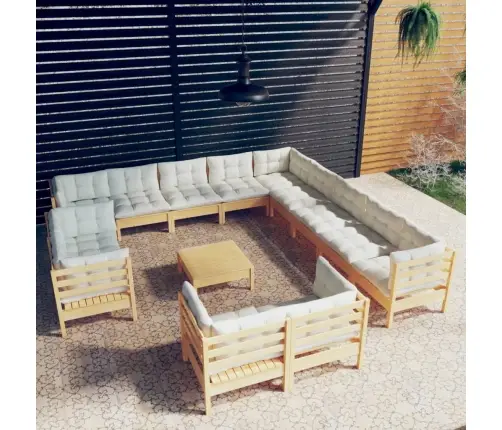 14-Daļīgs Dārza Mēbeļu Komplekts Ar Krēmkrāsas Matračiem, Koks Vidaxl