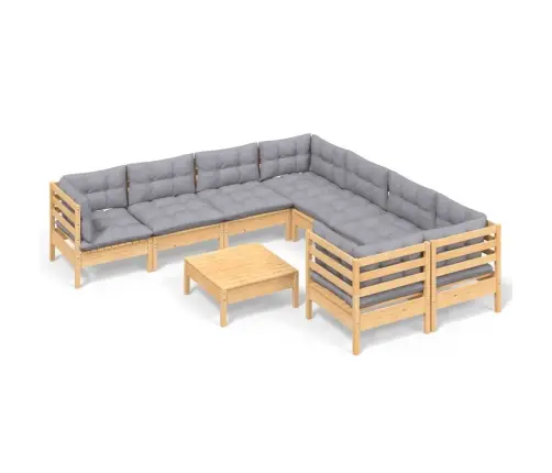 9-Daļīgs Dārza Mēbeļu Komplekts Ar Pelēkiem Matračiem, Priede Vidaxl