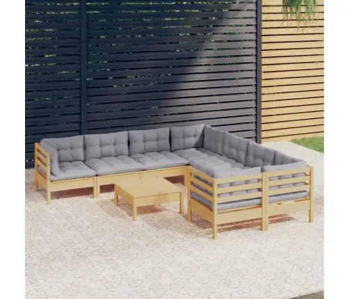 9-Daļīgs Dārza Mēbeļu Komplekts Ar Pelēkiem Matračiem, Priede Vidaxl