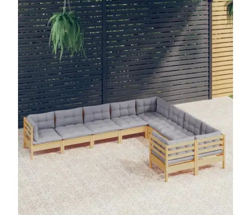 9-Daļīgs Dārza Mēbeļu Komplekts Ar Pelēkiem Matračiem, Priede Vidaxl