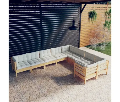 9-Daļīgs Dārza Mēbeļu Komplekts Ar Krēmkrāsas Matračiem, Priede Vidaxl