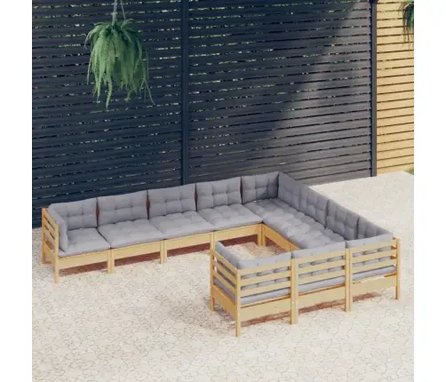 10-Osaline Aiamööbli Komplekt Hallide Patjadega, Männipuit