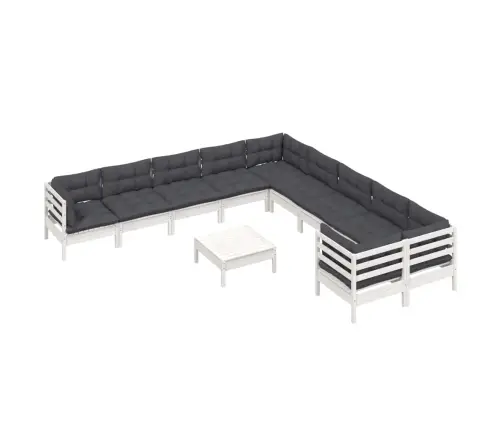 11-Daļīgs Dārza Mēbeļu Komplekts Ar Matračiem, Balta Priede Vidaxl