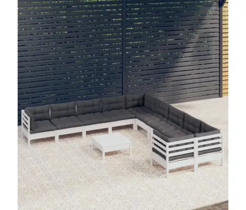 11-Daļīgs Dārza Mēbeļu Komplekts Ar Matračiem, Balta Priede Vidaxl