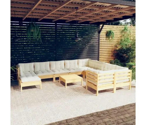 11-Daļīgs Dārza Mēbeļu Komplekts Ar Krēmkrāsas Matračiem, Koks Vidaxl