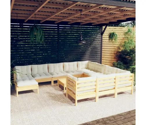 12-Daļīgs Dārza Mēbeļu Komplekts Ar Krēmkrāsas Matračiem, Koks Vidaxl