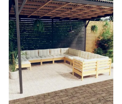 11-Daļīgs Dārza Mēbeļu Komplekts Ar Krēmkrāsas Matračiem, Koks Vidaxl