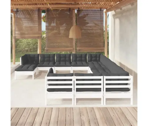 12-Daļīgs Dārza Mēbeļu Komplekts Ar Matračiem, Balta Priede Vidaxl